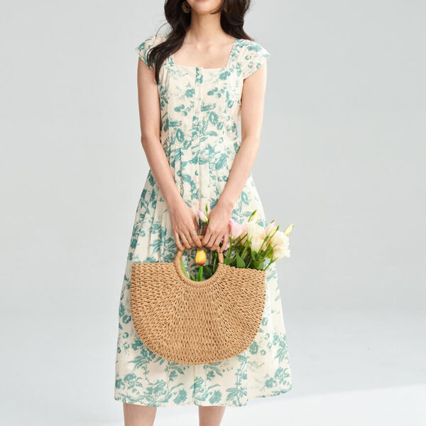 Summer Anti wrinkle Ink Print Square Neck Dress 1