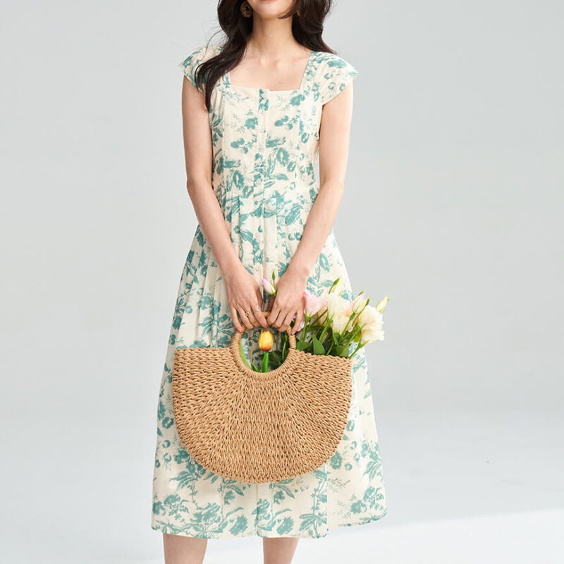 Summer Anti wrinkle Ink Print Square Neck Dress 1