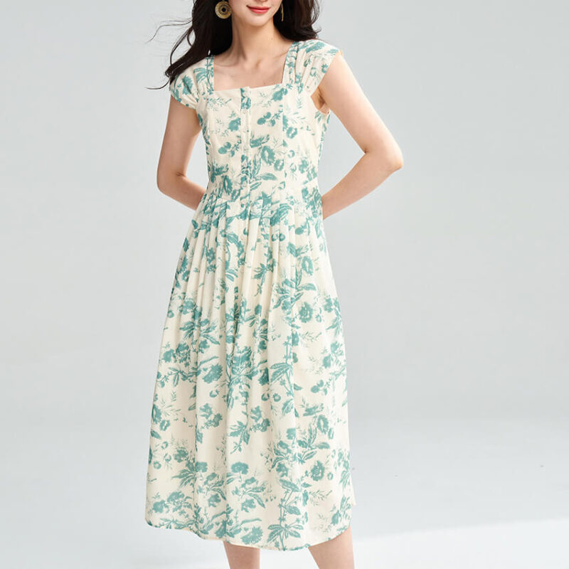 Summer Anti wrinkle Ink Print Square Neck Dress 6