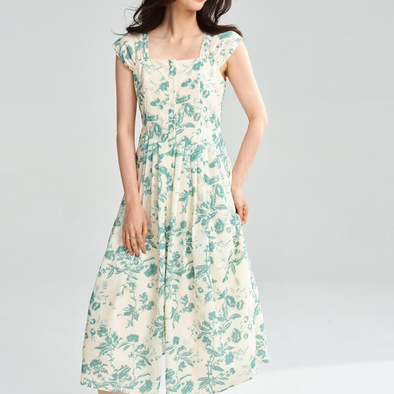 Summer Anti wrinkle Ink Print Square Neck Dress 7