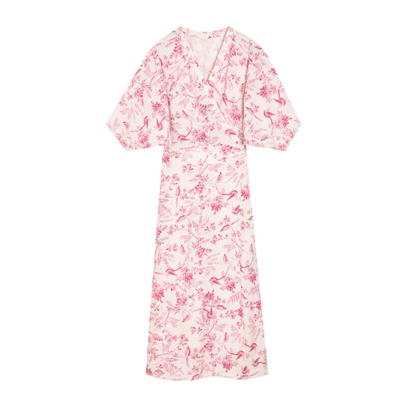 Summer Bat Sleeve Floral Print V Neck Wrap Tea Dress 1