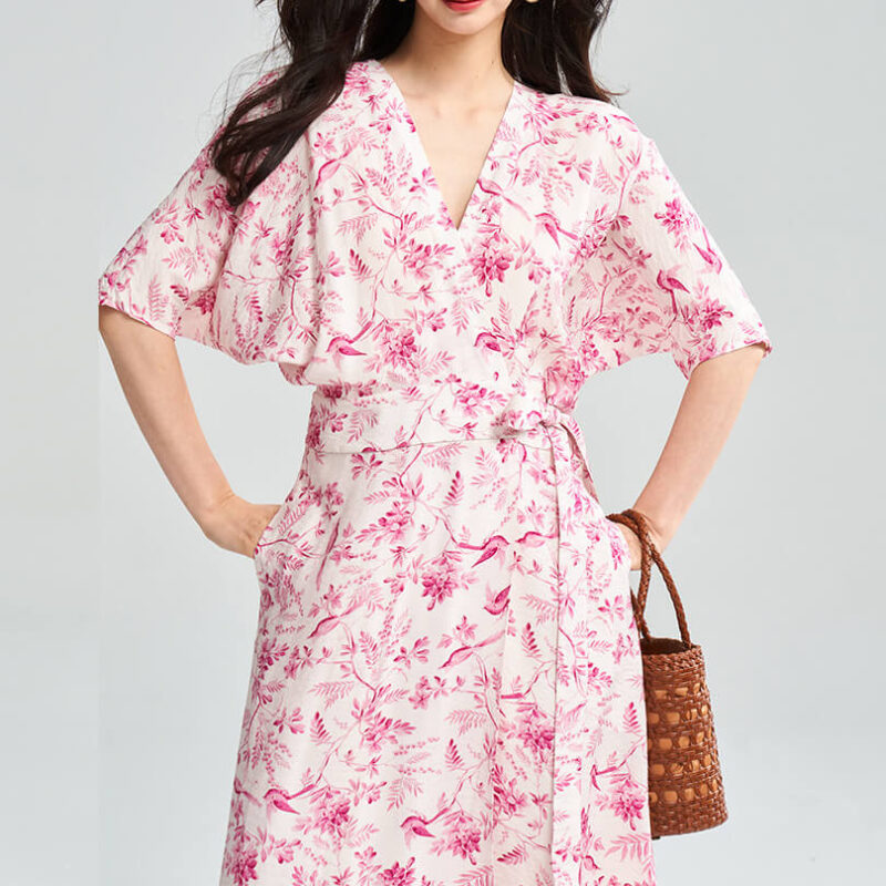 Summer Bat Sleeve Floral Print V Neck Wrap Tea Dress 2