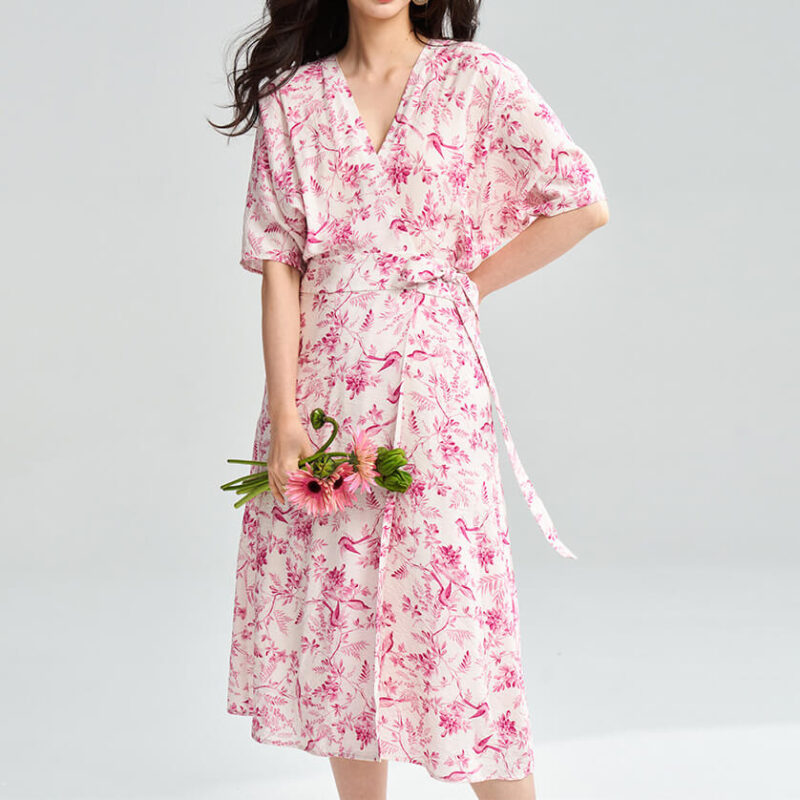 Summer Bat Sleeve Floral Print V Neck Wrap Tea Dress 3