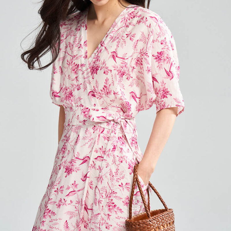 Summer Bat Sleeve Floral Print V Neck Wrap Tea Dress 4
