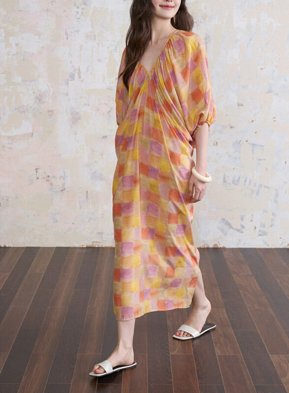 Summer Bat Sleeve Mulberry Silk Floral V-Neck Dress