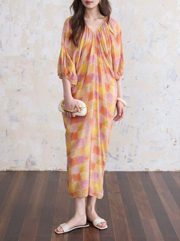 Summer Bat Sleeve Mulberry Silk Floral V-Neck Dress