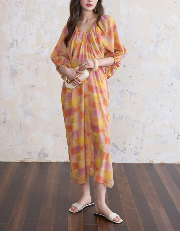 Summer Bat Sleeve Mulberry Silk Floral V-Neck Dress