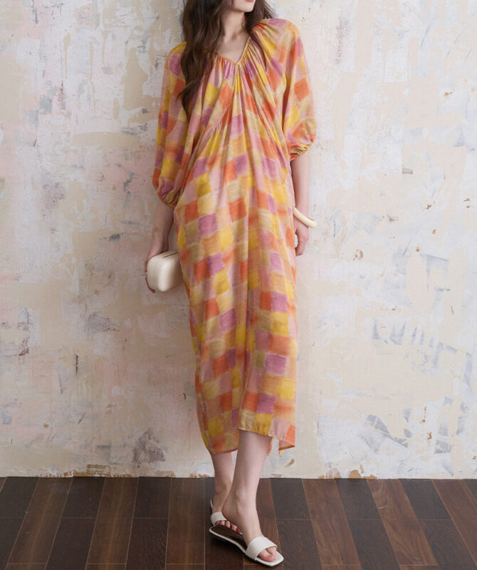 Summer Bat Sleeve Mulberry Silk Floral V-Neck Dress