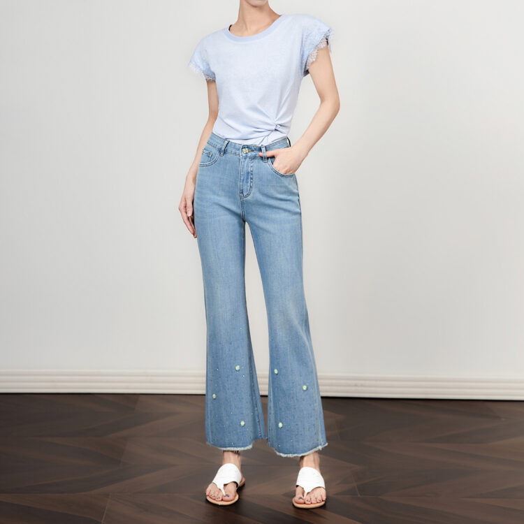 Summer Elastic Beaded Rhinestone Thin Flared Jeans