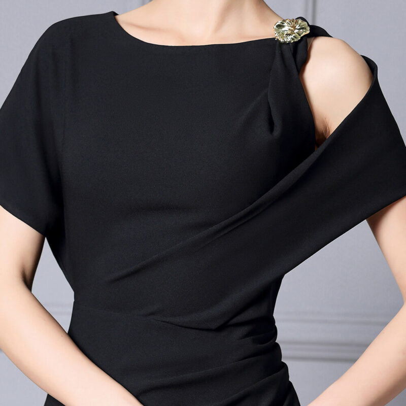 Summer Black Off shoulder Short sleeved Slim Fit Acetate Evening Dress 2