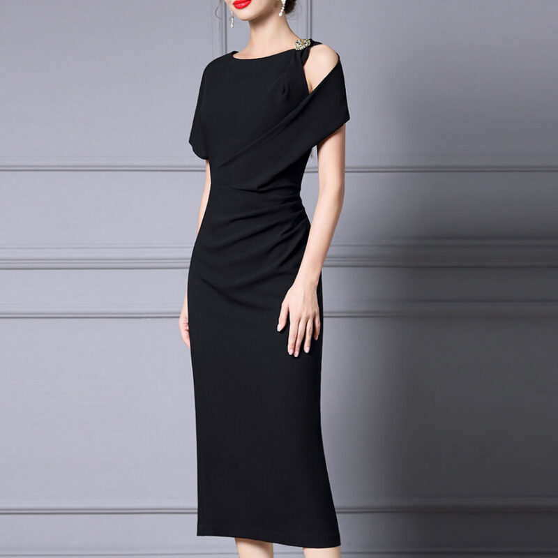 Summer Black Off shoulder Short sleeved Slim Fit Acetate Evening Dress 4