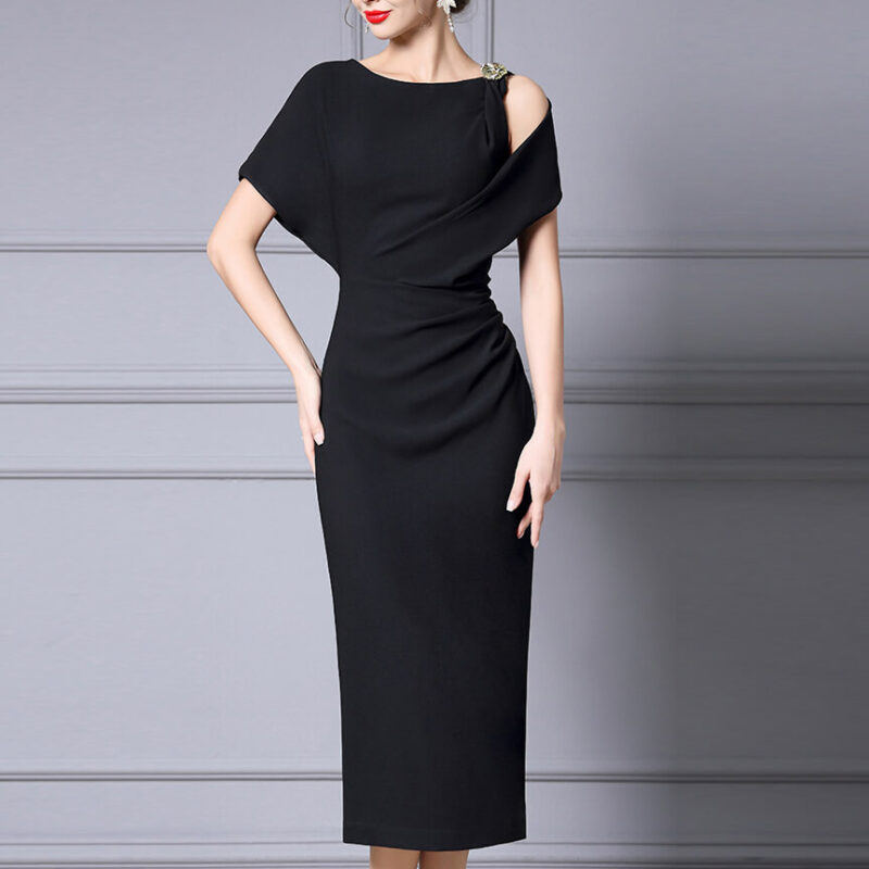 Summer Black Off shoulder Short sleeved Slim Fit Acetate Evening Dress 5