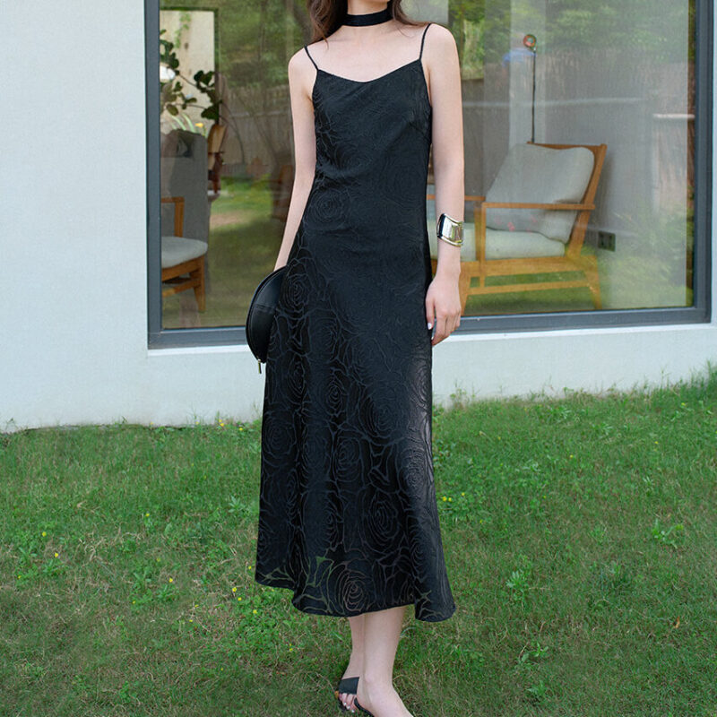 Summer Black Rose Cutwork Silk Sleeveless Camisole V neck Suspender Dress 3