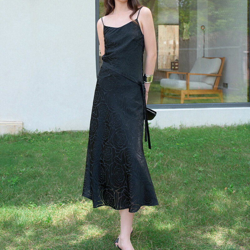 Summer Black Rose Cutwork Silk Sleeveless Camisole V neck Suspender Dress 4