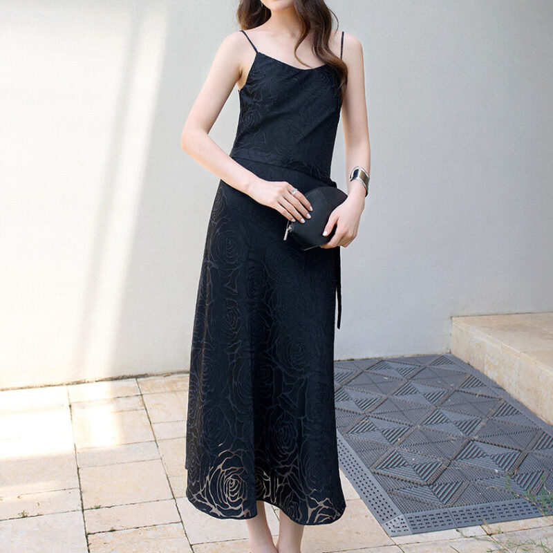 Summer Black Rose Cutwork Silk Sleeveless Camisole V neck Suspender Dress 5