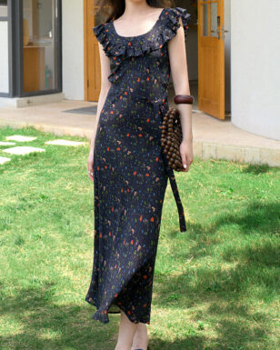 Summer Black Silk Resort Style Reversible U-neck V-neck Ruffle Floral Dress