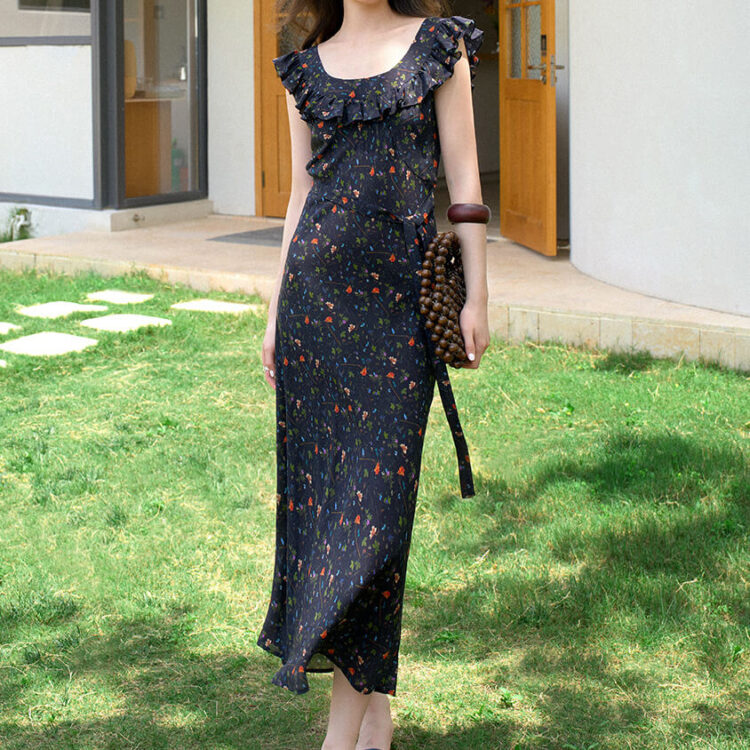Summer Black Silk Resort Style Reversible U-neck V-neck Ruffle Floral Dress