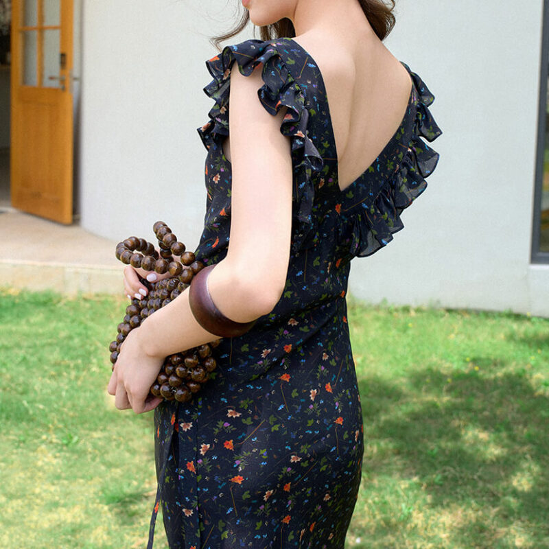 Summer Black Silk Resort Style Reversible U neck V neck Ruffle Floral Dress 2