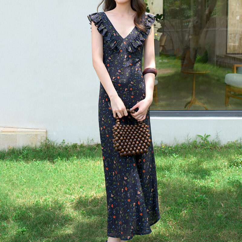 Summer Black Silk Resort Style Reversible U neck V neck Ruffle Floral Dress 3