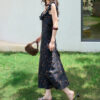 Summer Black Silk Resort Style Reversible U neck V neck Ruffle Floral Dress 4