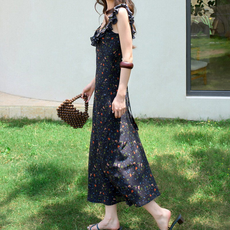 Summer Black Silk Resort Style Reversible U neck V neck Ruffle Floral Dress 4