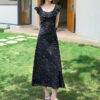 Summer Black Silk Resort Style Reversible U neck V neck Ruffle Floral Dress 6
