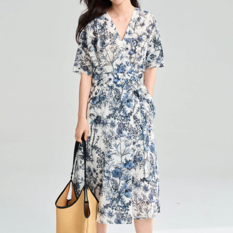 Summer Blue Printed One-Piece Wrap Tea Dress