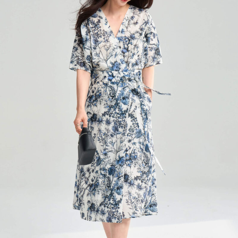 Summer Blue Printed One Piece Wrap Tea Dress 2