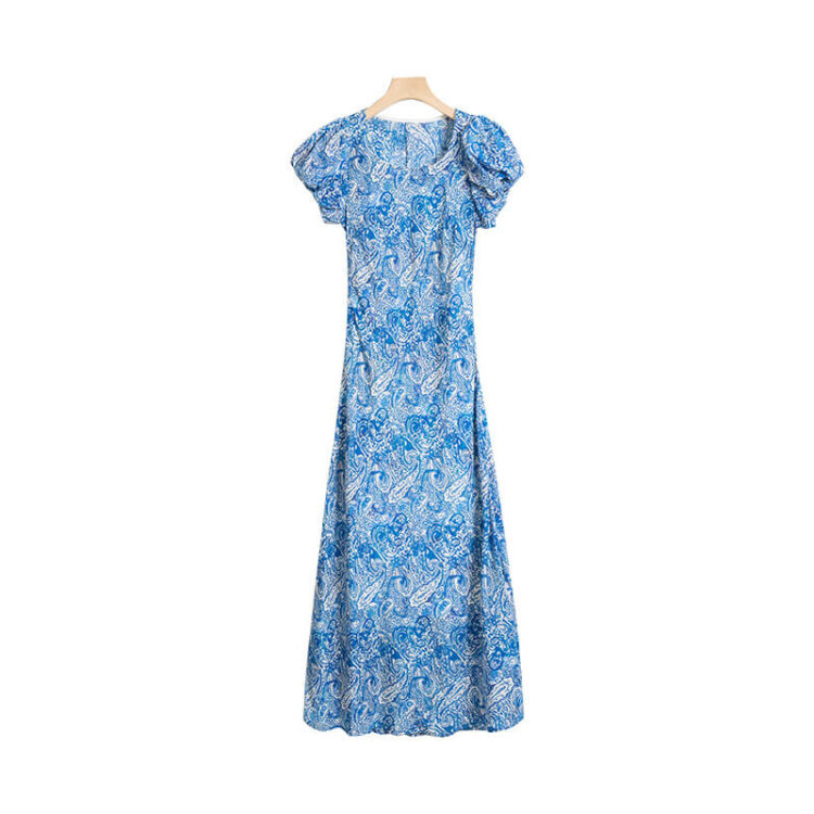 Summer Blue Silk Resort Style Blue and White Porcelain Print Dress