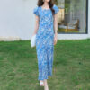 Summer Blue Silk Resort Style Blue and White Porcelain Print Dress 5