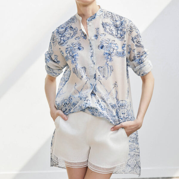 Summer Blue and White Porcelain Lightweigh Cotton Printed Shirt