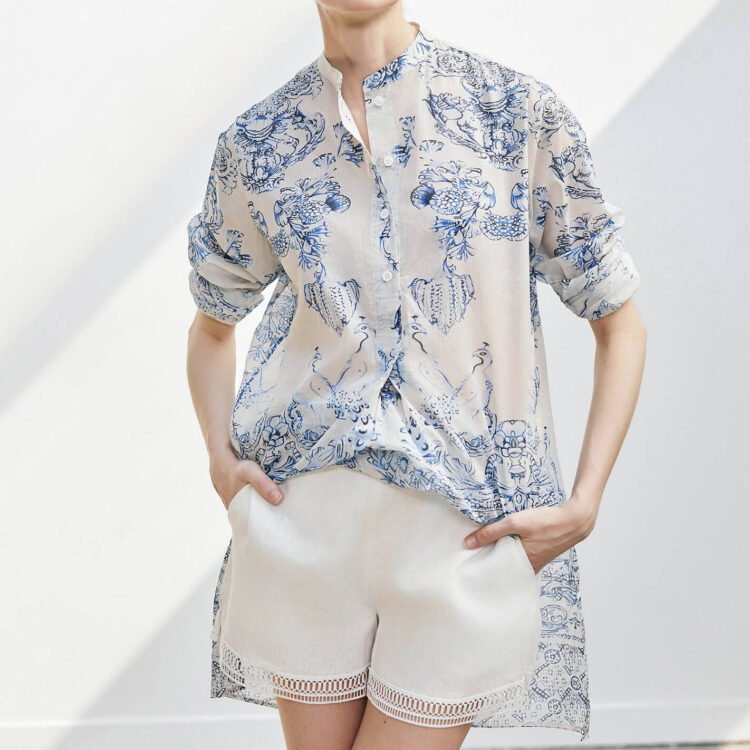 Summer Blue and White Porcelain Lightweigh Cotton Printed Shirt