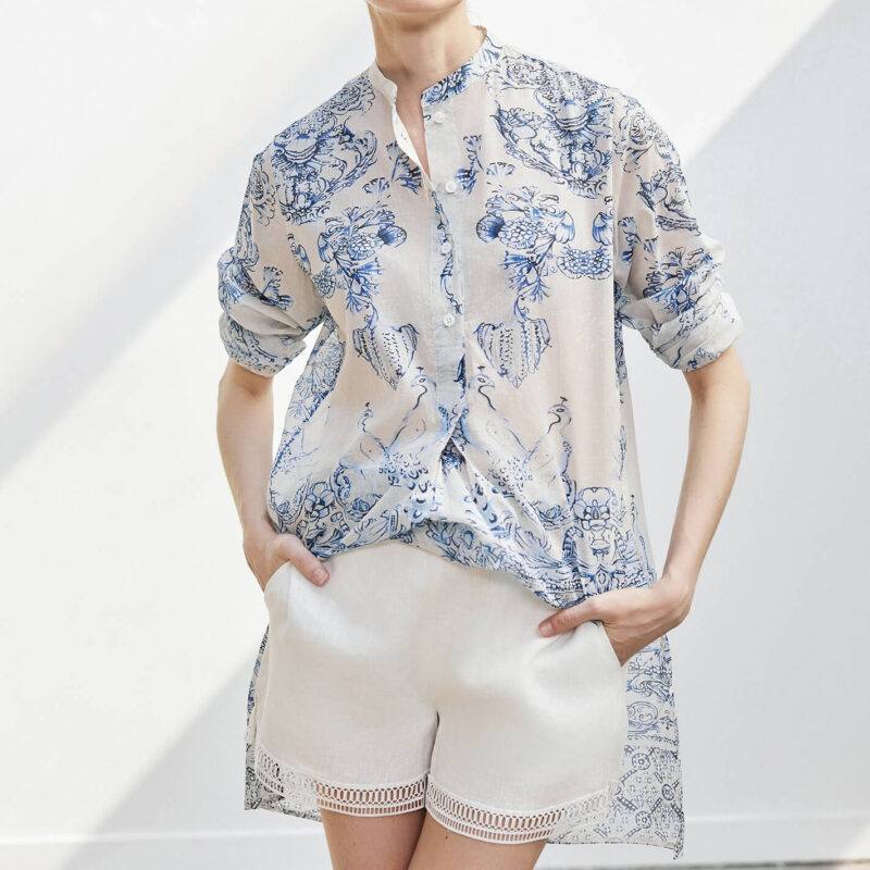 Summer Blue and White Porcelain Lightweigh Cotton Printed Shirt