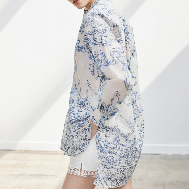 Summer Blue and White Porcelain Lightweigh Cotton Printed Shirt
