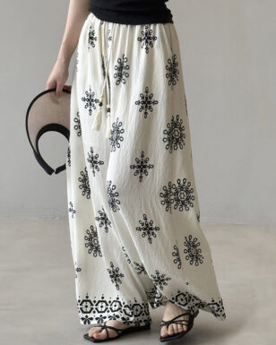 Summer Bohemian Vintage Print Drawstring Wide Leg Pants