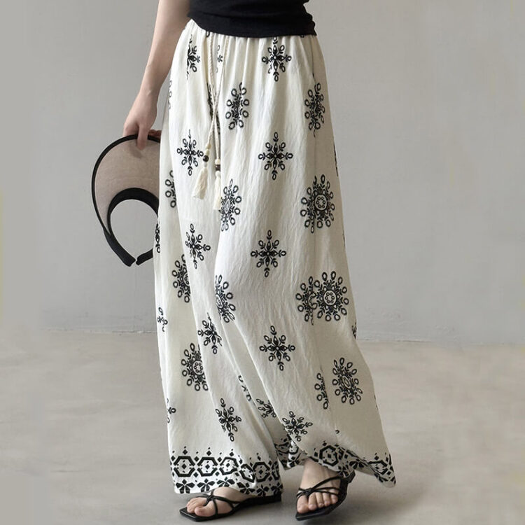 Summer Bohemian Vintage Print Drawstring Wide Leg Pants