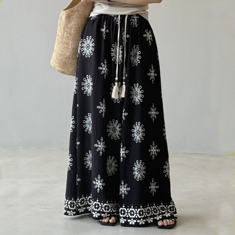 Summer Bohemian Vintage Print Drawstring Wide Leg Pants 2