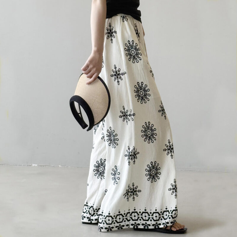 Summer Bohemian Vintage Print Drawstring Wide Leg Pants 3