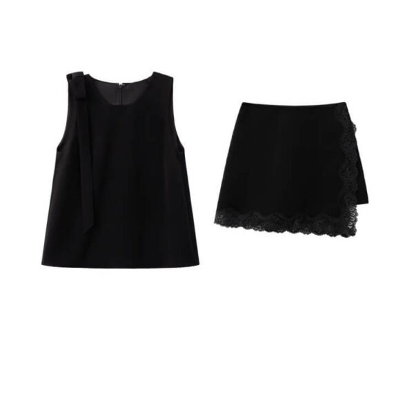 Summer Bow Sleeveless Vest High Waist Lace Patchwork Skirt Pants Two piece Set 1