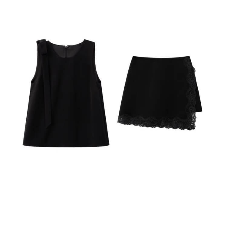 Summer Bow Sleeveless Vest + High Waist Lace Patchwork Skirt Pants Two-piece Set