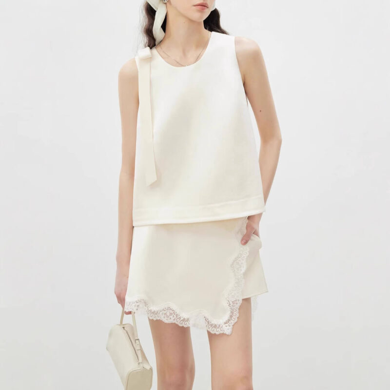 Summer Bow Sleeveless Vest High Waist Lace Patchwork Skirt Pants Two piece Set 7