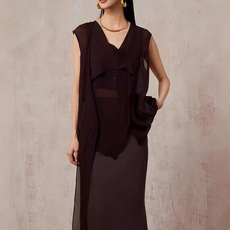 Summer Brown Silk V Neck Lace Up Vest Top 2