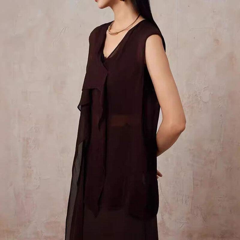 Summer Brown Silk V Neck Lace Up Vest Top 3