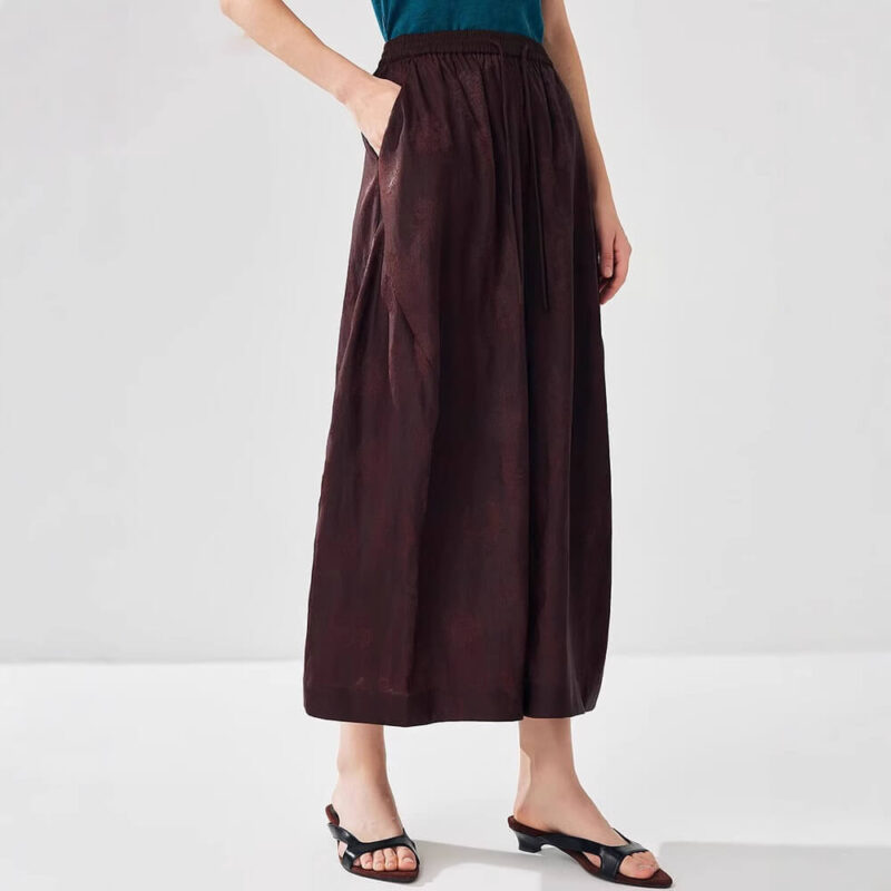Summer Brown Stretch Jacquard Satin Wide Leg Pants 1