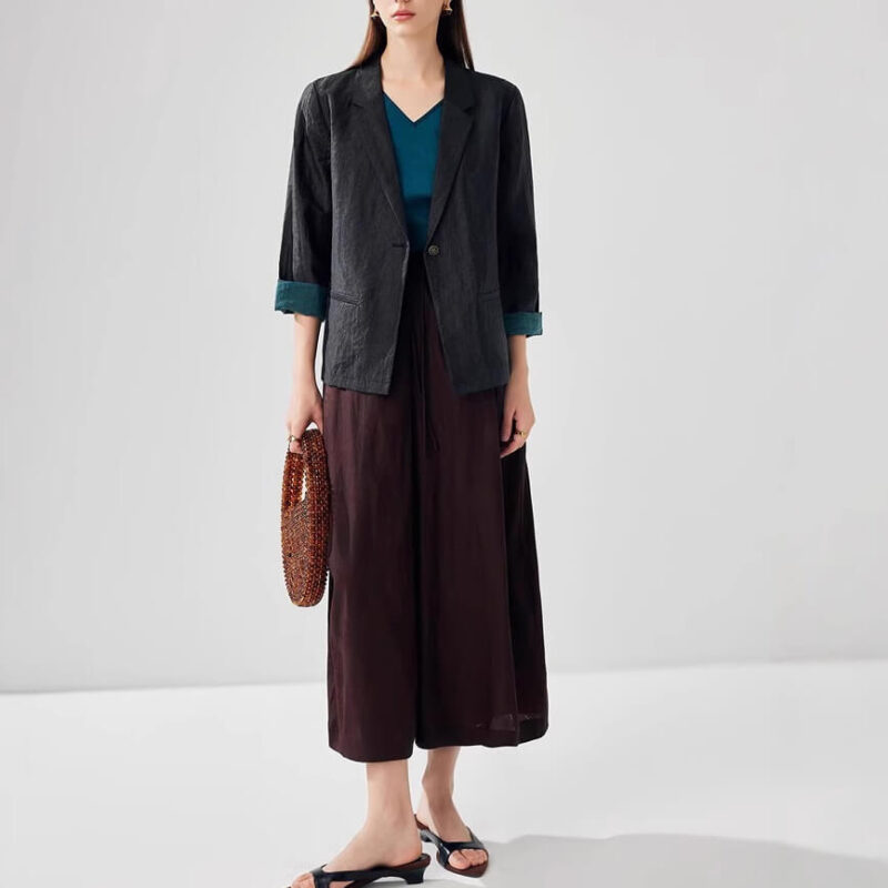 Summer Brown Stretch Jacquard Satin Wide Leg Pants 5