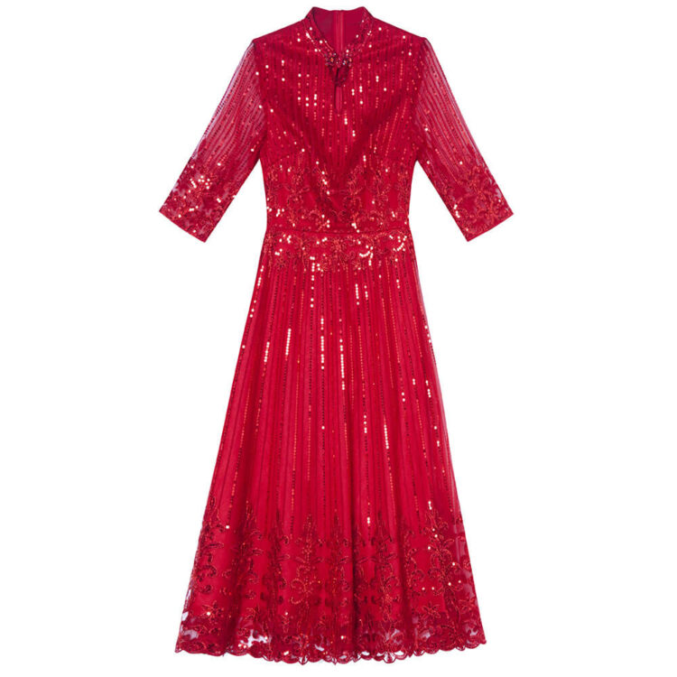 Summer Plus-size Chinese-Inspired Sequin A-Line Party Dress
