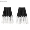 Summer Color-blocking Spliced Lace High-waisted Midi Skirt