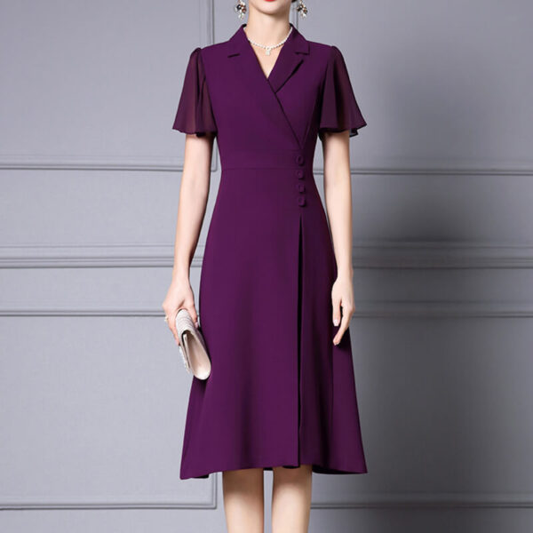 Summer Commuting Suit Collar Ruffled Sleeves Pleated A Line Georgette Dress 4