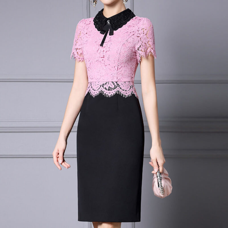 Summer Embroidered Collar Hand beaded Lace Slim Dress 2