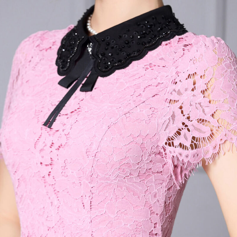 Summer Embroidered Collar Hand beaded Lace Slim Dress 4